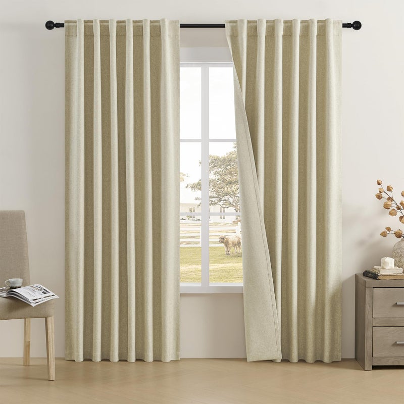 DUALIFE Faux Linen Blackout Curtains 80 Inch Long Farmhouse Pinch Pleated Back Tab Rod Curtains Room Darkening Thermal Insulated for Bedroom Living Room W50 x L80 Chartreuse Oatmeal 2 Panels - Image 1