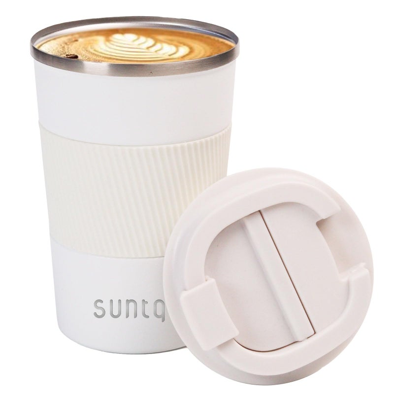 SUNTQ Reusable Coffee Cups Travel  Coffee Travel Mug with Leakproof Lid  Thermal Mug Insulated Cup  Stainless Steel Travel Cup with Rubber Grip  for Hot and Cold Drinks 13oz380ml White