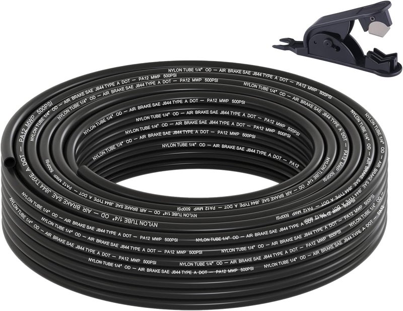 boeray خرطوم هواء نايلون PA12 SAE J844 DOT 1/4 بوصة بطول 50 قدم مع قاطع، أنبوب هواء هوائي بقطر خارجي 1/4 بوصة، معتمد من DOT، خرطوم فرامل هواء 1/4 بوصة لنظام تعليق هوائي للشاحنات والمقطورات ونظام الفرامل ونقل السوائل، 15.5 مترًا - Image 1