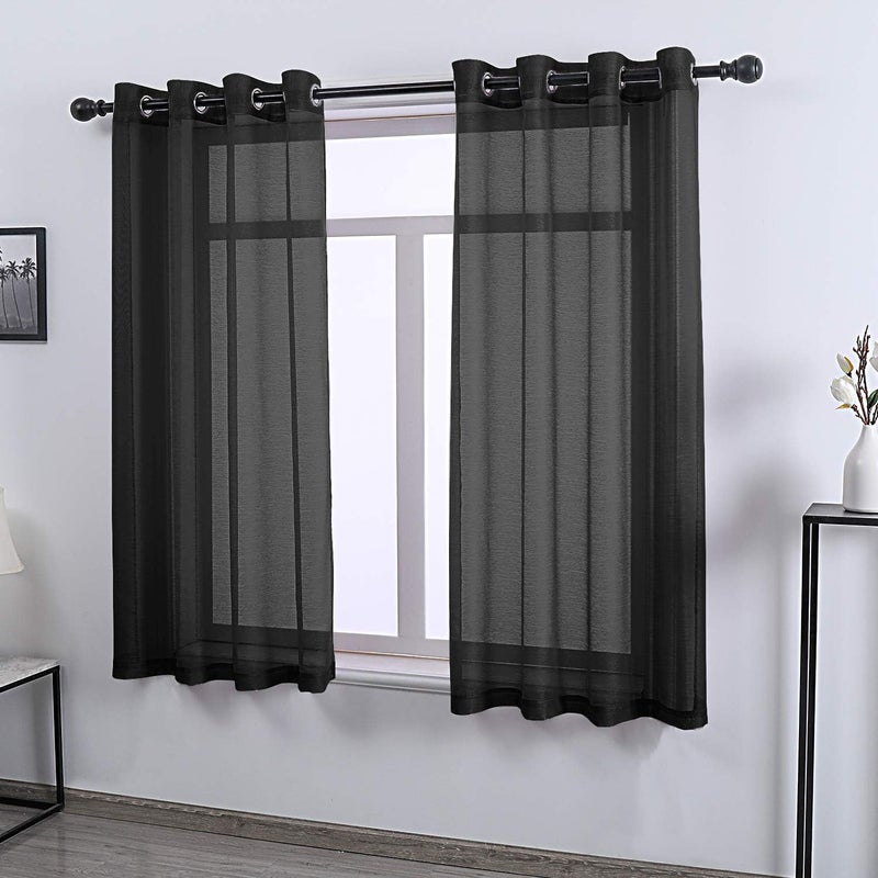 DONREN Jet Black Textured Sheer Curtains Short Sheer Window Curtain Grommet Top Panels for Bathroom 52 by 45 Inch 2 Panels - Image 2
