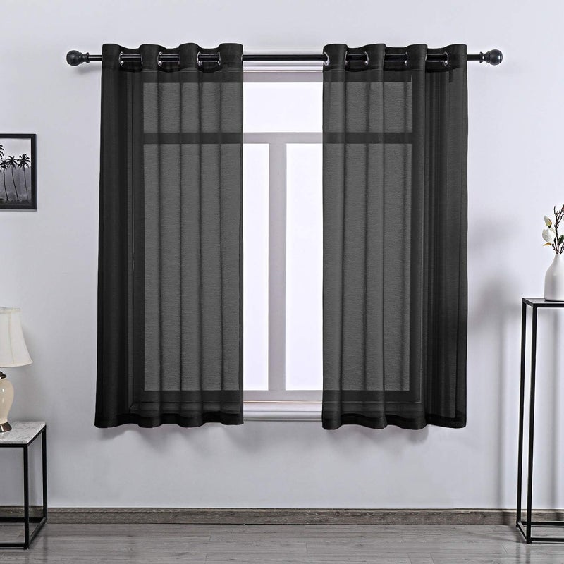 DONREN Jet Black Textured Sheer Curtains Short Sheer Window Curtain Grommet Top Panels for Bathroom 52 by 45 Inch 2 Panels - Image 1