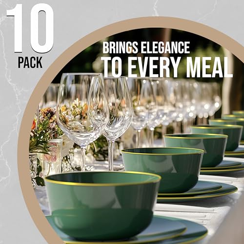 Trendables Plastic Bowls Disposable Bowls 24 Oz Bowl Set of 10 Green Gold Rimmed Fancy Plastic Serving Bowls Perfect Ice Cream Bowls Salad Bowls Candy Bowl - Image 3