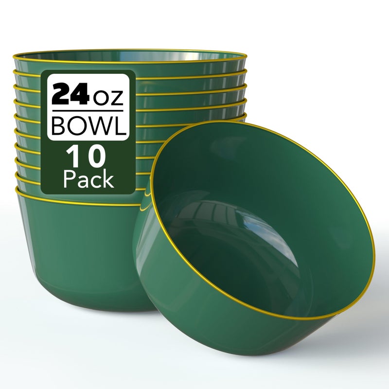 Trendables Plastic Bowls Disposable Bowls 24 Oz Bowl Set of 10 Green Gold Rimmed Fancy Plastic Serving Bowls Perfect Ice Cream Bowls Salad Bowls Candy Bowl - Image 2