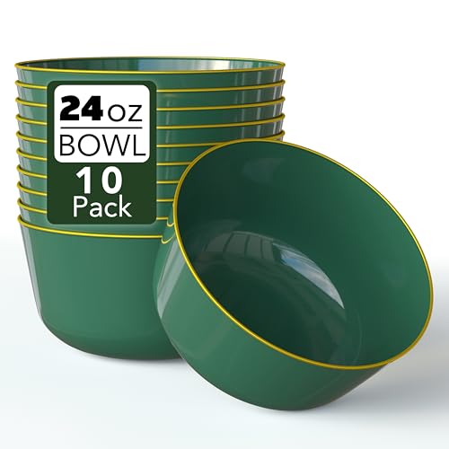 Trendables Plastic Bowls Disposable Bowls 24 Oz Bowl Set of 10 Green Gold Rimmed Fancy Plastic Serving Bowls Perfect Ice Cream Bowls Salad Bowls Candy Bowl - Image 1