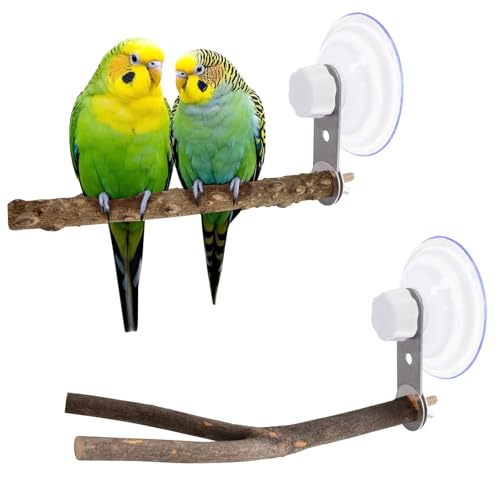 Niuohoy 2 Pcs Natural Bird Perch Stand with Suction Cup Window Birds Perch for Window Mirror Car Shower Ceramic Tiles Bath Wood Training Perch, for Bird, Cockatoo, Macaw, Parakeet - Image 1