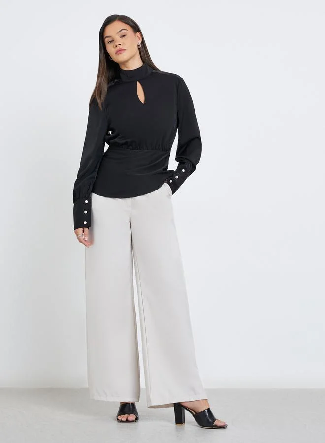 Styli Styli Solid High Keyhole Neck Curved Hem Blouse