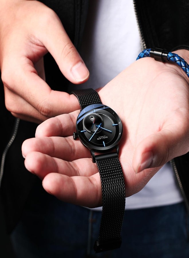 SOLLEN Automatic Watches for Men, Black Minimalist Mechanical Watch, Waterproof Stainless Steel Wristwatch with Calendar & Luminous, Casual Formal Business Self-Winding Watch, Luxury Gift for Male - Image 3
