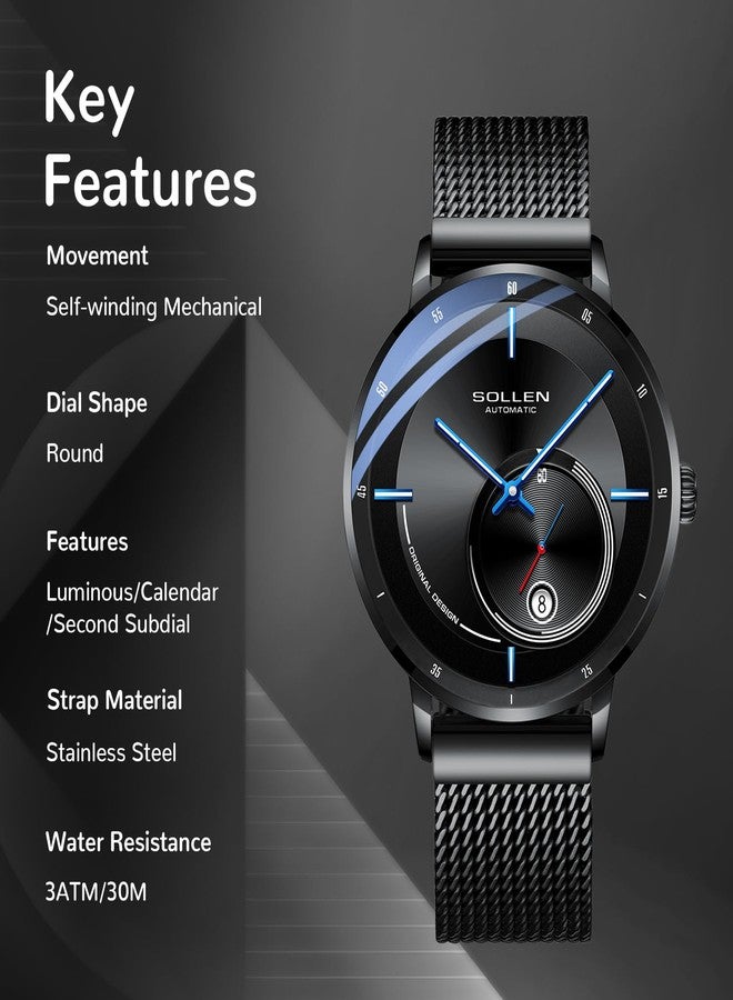 SOLLEN Automatic Watches for Men, Black Minimalist Mechanical Watch, Waterproof Stainless Steel Wristwatch with Calendar & Luminous, Casual Formal Business Self-Winding Watch, Luxury Gift for Male - Image 4