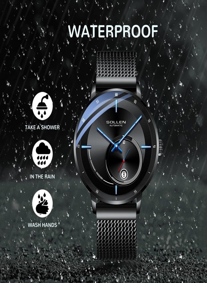 SOLLEN Automatic Watches for Men, Black Minimalist Mechanical Watch, Waterproof Stainless Steel Wristwatch with Calendar & Luminous, Casual Formal Business Self-Winding Watch, Luxury Gift for Male - Image 5