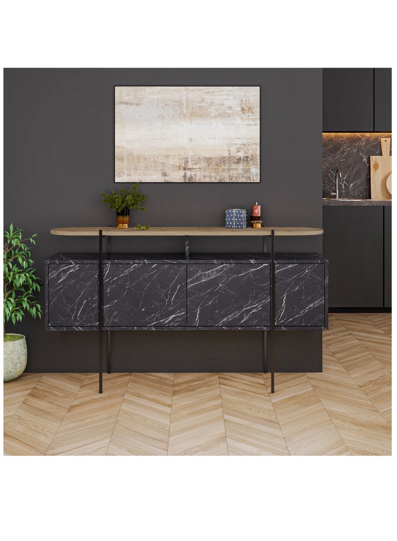 موراه خزانة جانبية عصرية من موراه هوم هانلي بأربعة أبواب ورف عرض علوي - خزانة تخزين لغرفة المعيشة، الصالة، غرفة الطعام، الرواق - ٣٨×٨٦.٢×١٥٠ سم (رخام أسود/بني) - Image 1