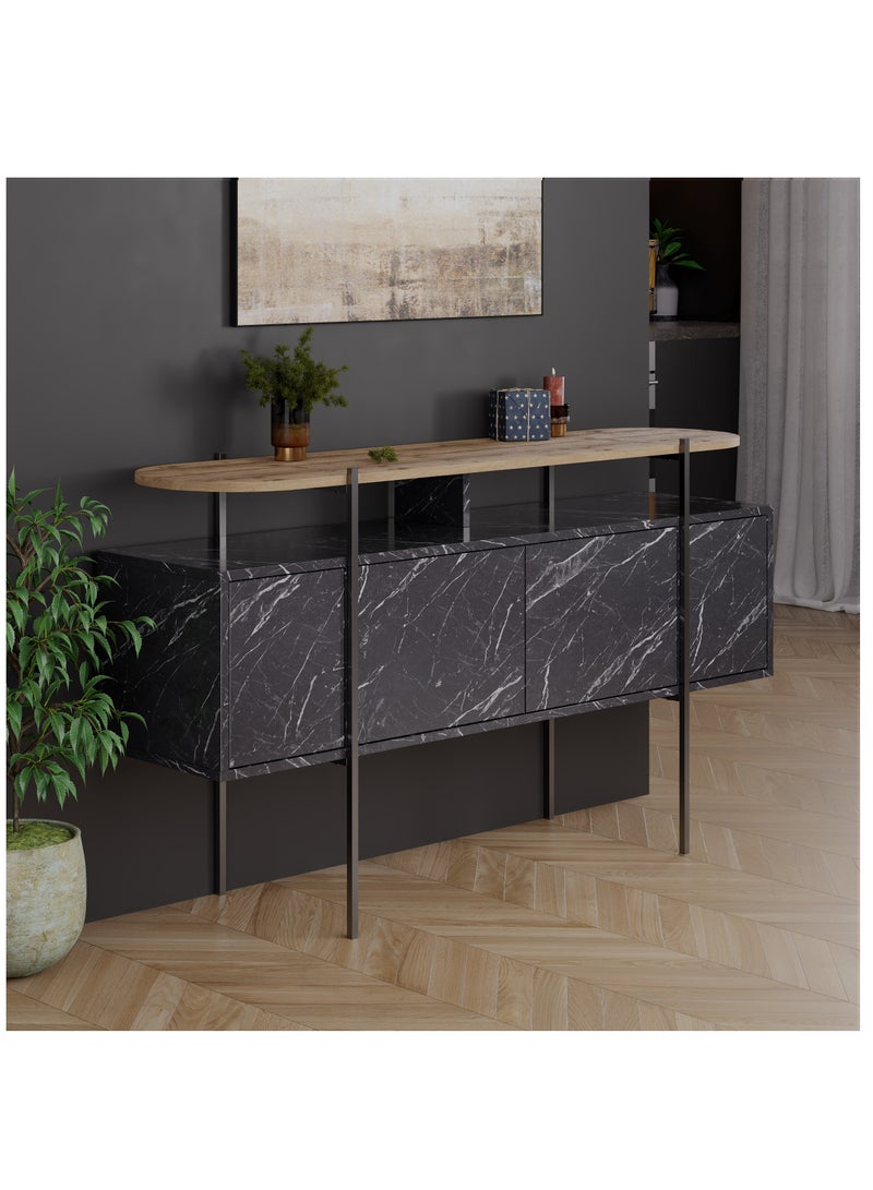 موراه خزانة جانبية عصرية من موراه هوم هانلي بأربعة أبواب ورف عرض علوي - خزانة تخزين لغرفة المعيشة، الصالة، غرفة الطعام، الرواق - ٣٨×٨٦.٢×١٥٠ سم (رخام أسود/بني) - Image 2