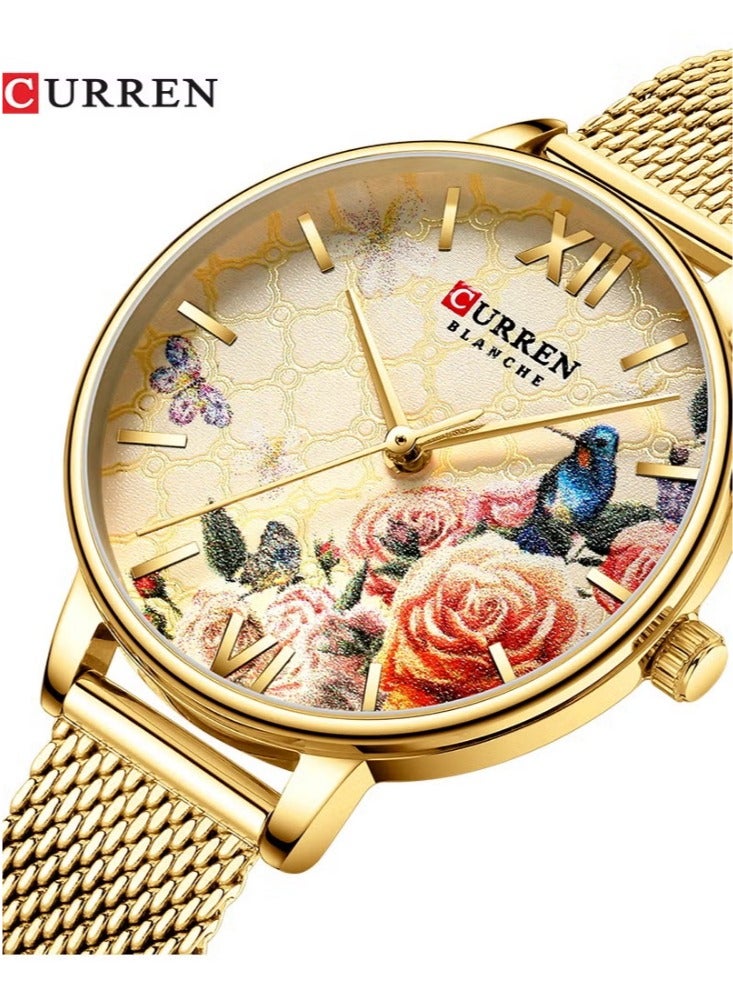 كارين ساعة كورين 9060 للنساء على شكل زهرة، سوار شبكي من الستانلس ستيل - ذهبي - Image 1