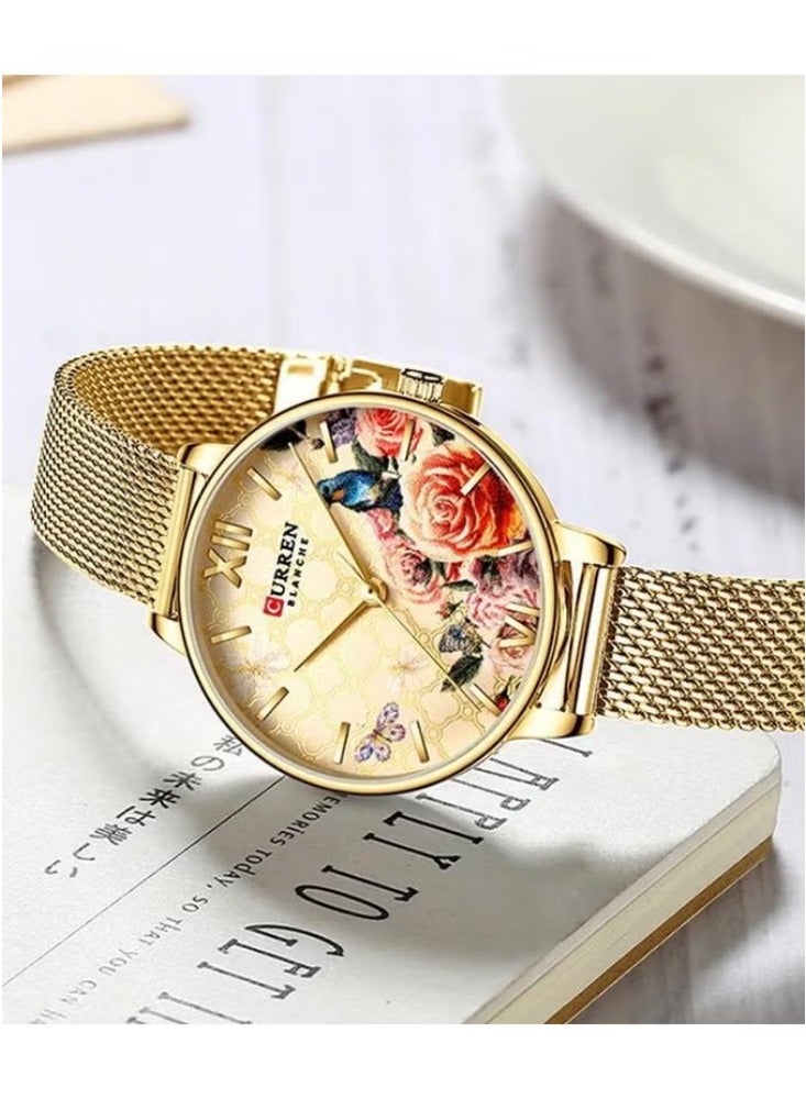 كارين ساعة كورين 9060 للنساء على شكل زهرة، سوار شبكي من الستانلس ستيل - ذهبي - Image 2