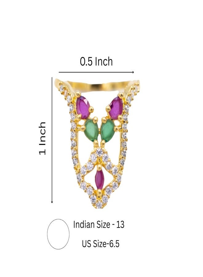 ZEELLO Gold Vanki Ring for Women with Green & Pink Stones, Traditional CZ Stone Vanki Ring - Image 5