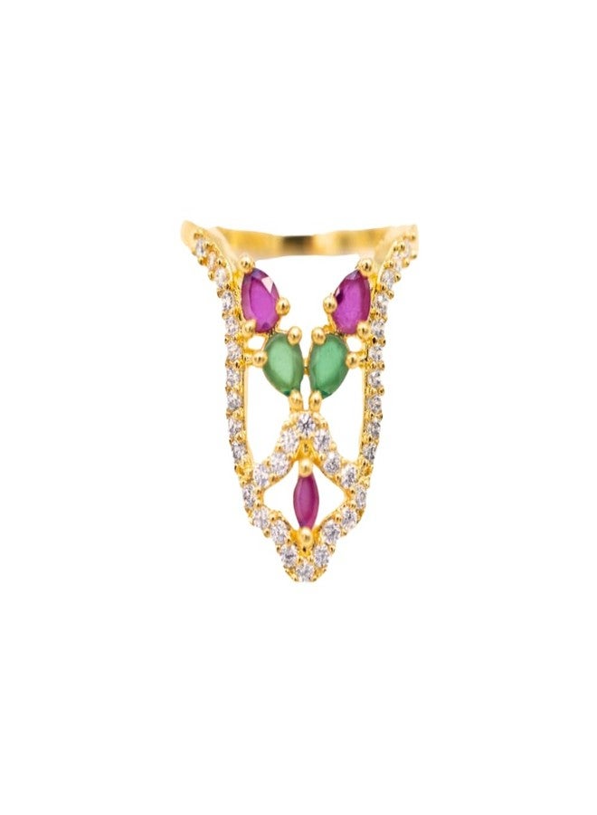 ZEELLO Gold Vanki Ring for Women with Green & Pink Stones, Traditional CZ Stone Vanki Ring - Image 1