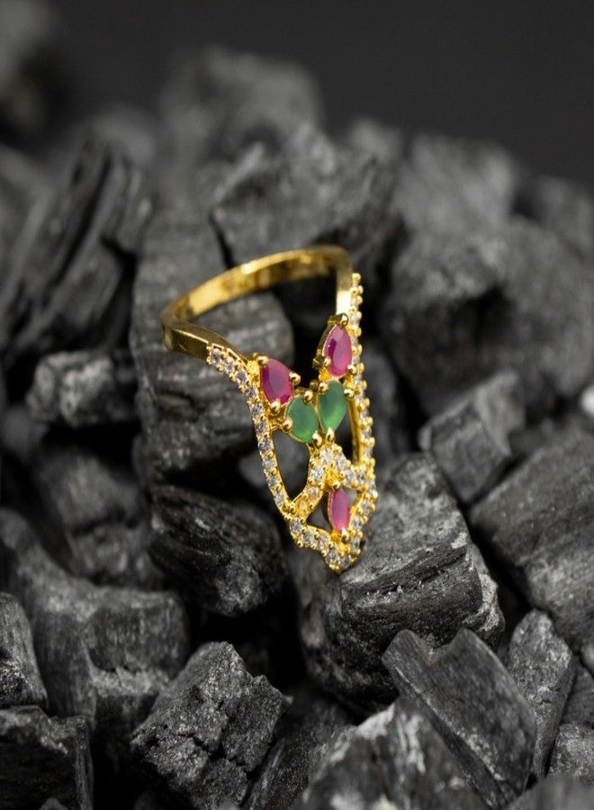 ZEELLO Gold Vanki Ring for Women with Green & Pink Stones, Traditional CZ Stone Vanki Ring - Image 2