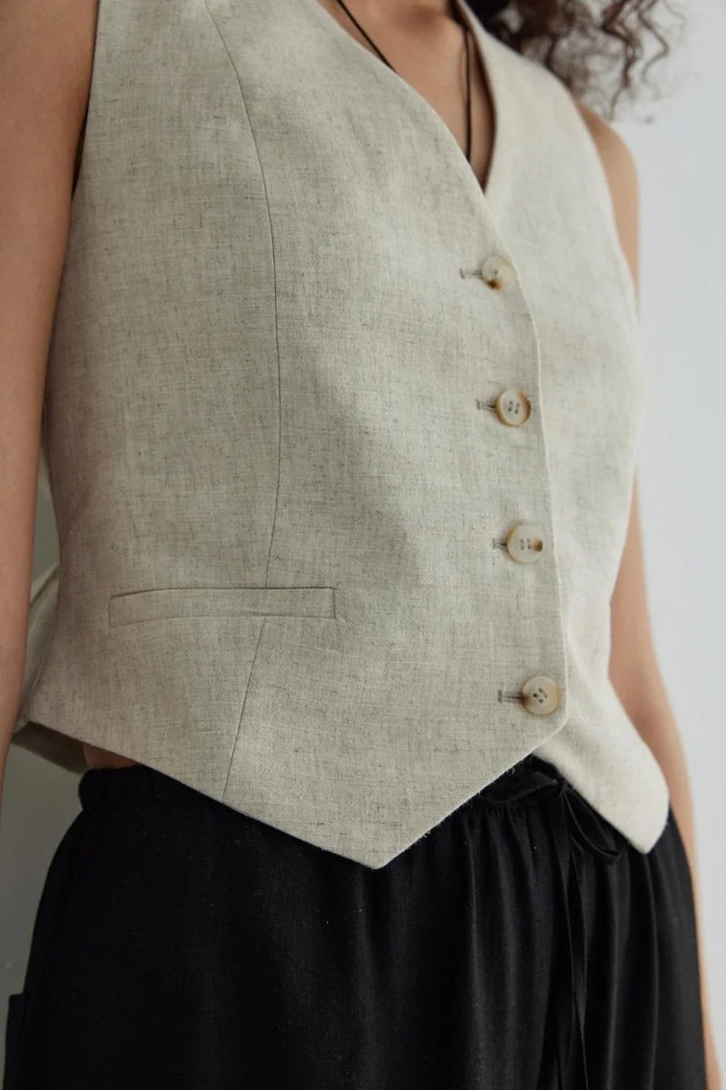 سود كوليكشن Natural Gabriel Buttoned Linen Vest