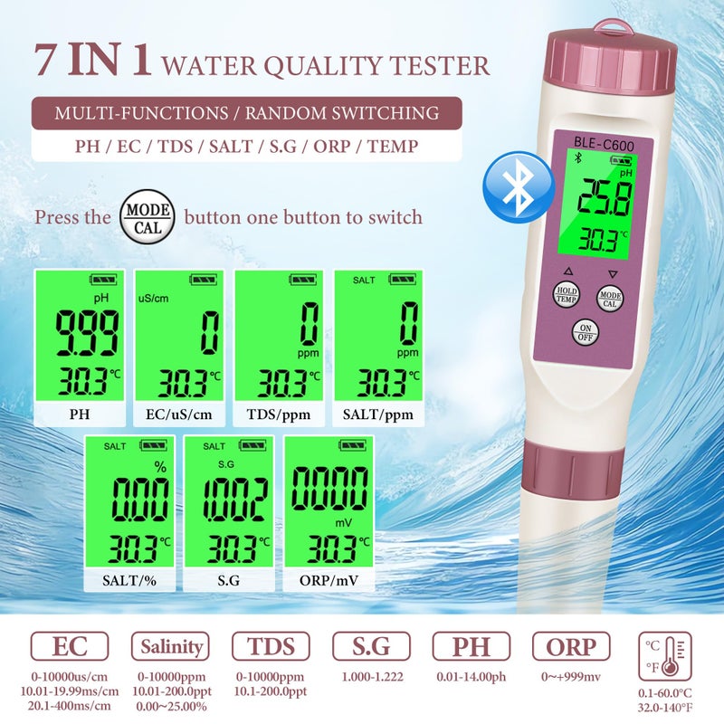 Rowyet PH Meter 7-in-1 Tds Meter/Salinity Tester/pH Meter/EC Meter/Orp Meter/S.G Meter/Temp ph Tester Digital,PH Meter for Water 0.01pH Accuracy,Tds Meter with ATC. - Image 4