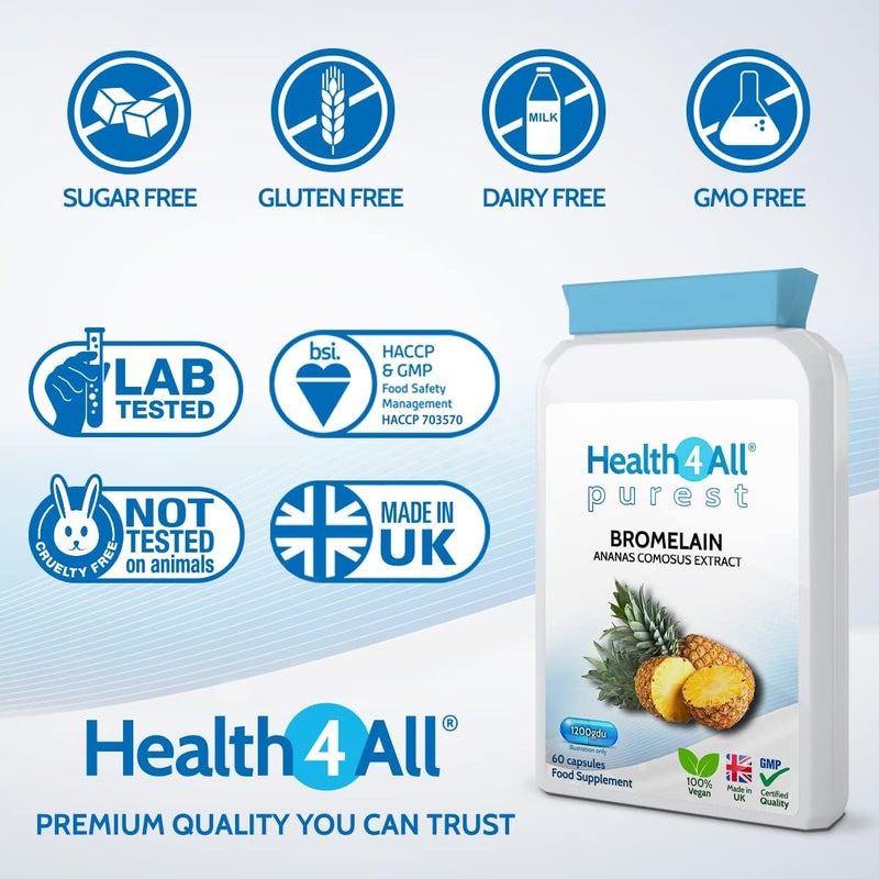 Health4All Bromelain 2500GDUg 60 Capsules High Strength 1200gdu per Capsule Pure Bromelain Supplement Proteolytic Digestive Enzyme from Pineapple Extract not Tablets Made in UK - Image 4
