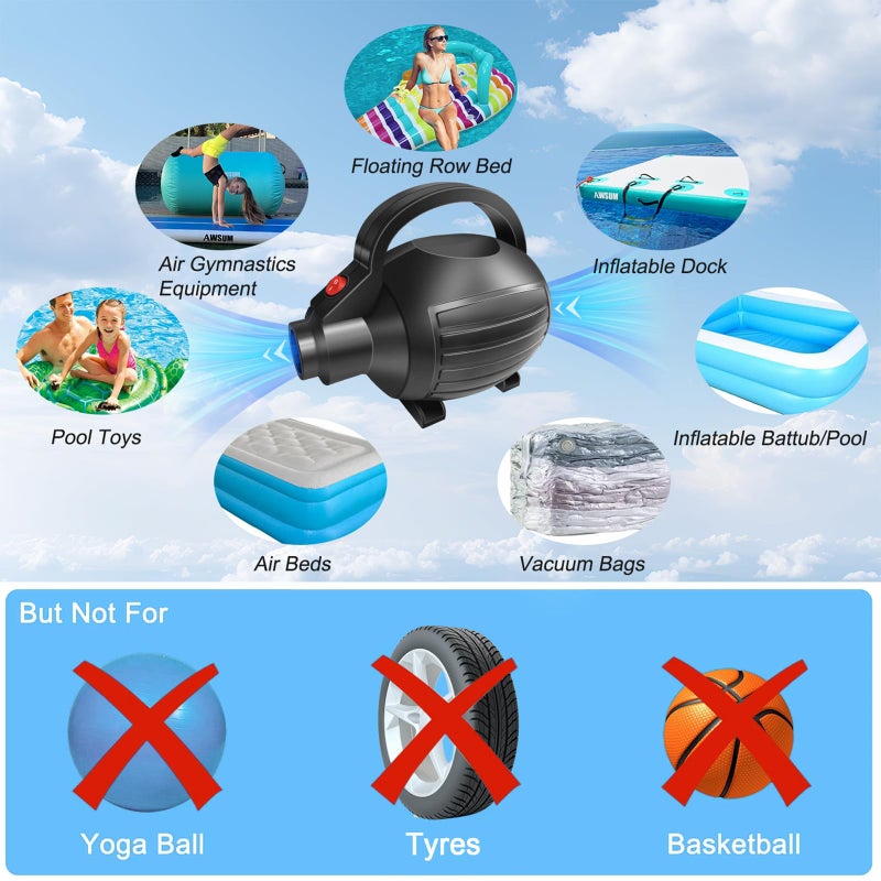 AWSUM مضخة هواء كهربائية AWSUM 600W لسجادة الجمباز القابلة للنفخ، 110-120V مضخة هواء مرتبة هوائية تعبئة سريعة مضخة تفريغ، مضخة هواء محمولة للطفايات/السرير الهوائي/الجمباز/الصالة الرياضية، 4 فوهات - Image 3