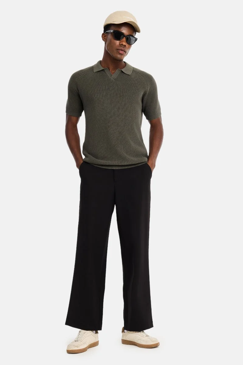 سنيتش Olive Ribbed Half Sleeve Regular Fit Casual T-Shirt