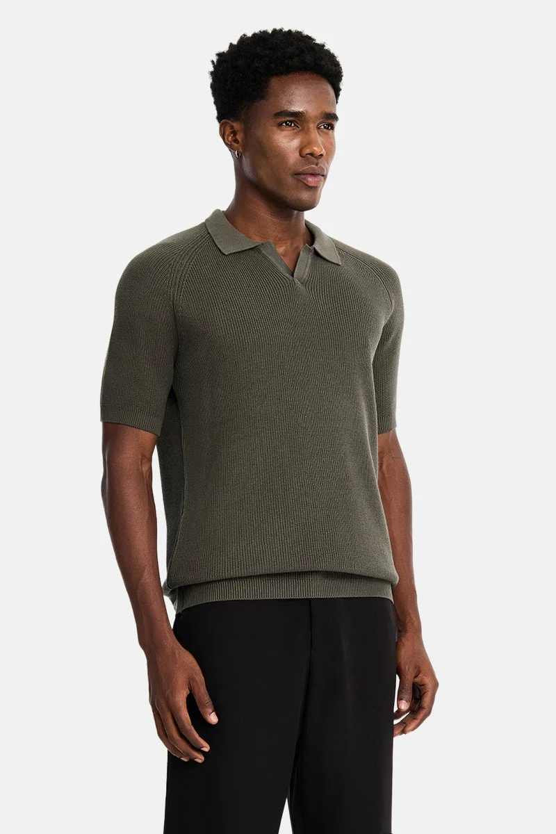 سنيتش Olive Ribbed Half Sleeve Regular Fit Casual T-Shirt