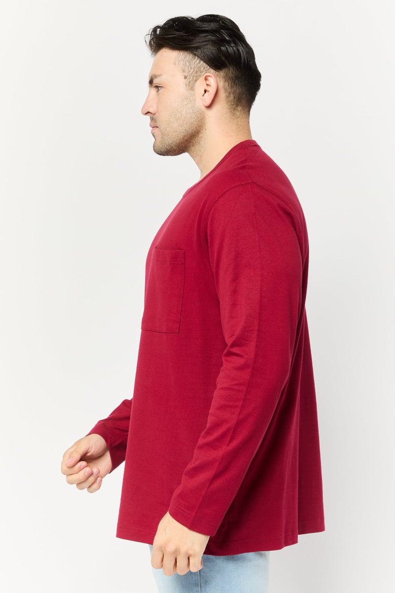 Celio Men Crew Neck Long Sleeves Solid T-shirt, Dark Red - Image 3
