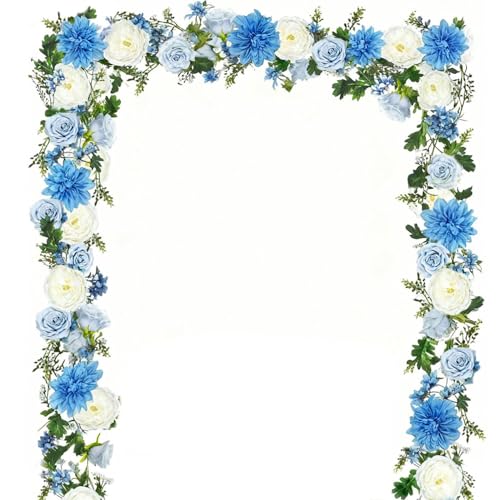 OrgMemory 2PCS Peony Flower Garland, 6' Each, Silk Flower Garlands, Rose Flower Vine for Wedding Arch Party Home Table Runner Mantle Decoration(Blue and White) - Image 1