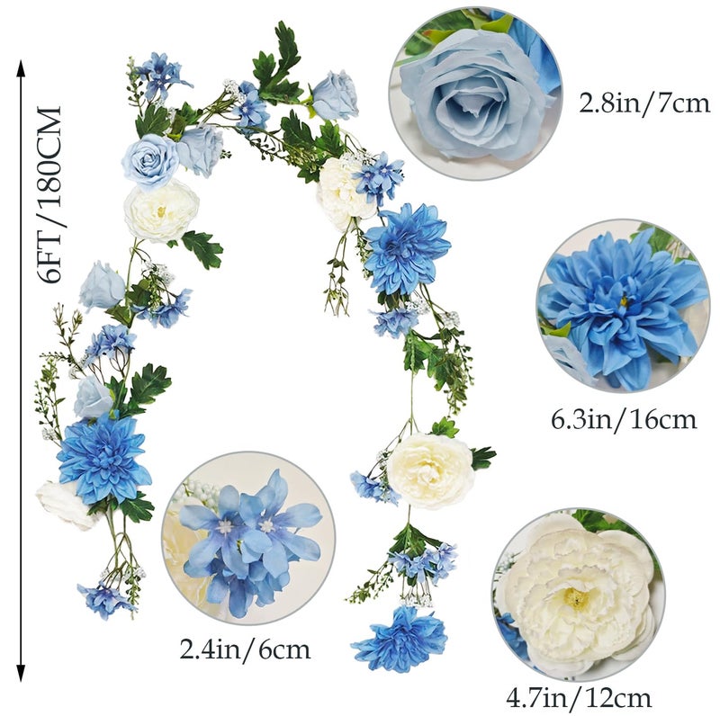OrgMemory 2PCS Peony Flower Garland, 6' Each, Silk Flower Garlands, Rose Flower Vine for Wedding Arch Party Home Table Runner Mantle Decoration(Blue and White) - Image 3