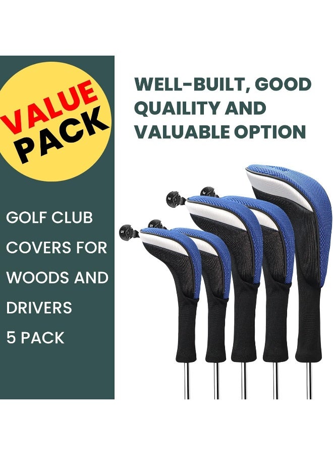 FINGER TEN FINGER TEN Golf Club Head Covers Woods Driver Fairway Hybrid 3/4/5 Set, Headcovers Men 1 3 5 7 X Interchangeable Number Tag, Fit All Wood Clubs (5 Pack-Blue(1D+2F+2H))  - Image 5