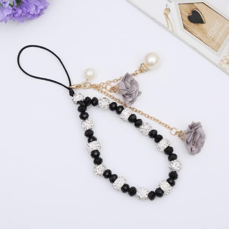 Omorro Cell Phone Straps Phone Chain Strap Crystal Flower Pendant Keychains Beaded Phone Strap Lanyard Beads Chain Anti-Lost and Non-Slip Mobile Phone Strap for Handbag Decoration Accessories Black - Image 1