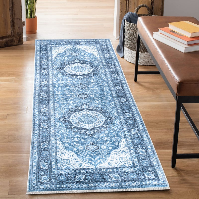 Bloom Rugs Caria غير قابلة للانزلاق 10 قدم عداء - عداء تقليدي أزرق للحمام ومطبخ المدخل - الحجم الدقيق: 2'6 "" x 10 ' - Image 1