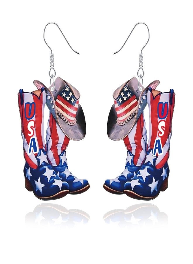 DAYANEY 4th of July USA Earrings for Woman, American Flag Patriotic Cowboy Boot Earrings as Fourth of July Outfits Women, Red White and Blue Wooden Dangle Jewelry as Independence Day Decorations Gifts - Image 1