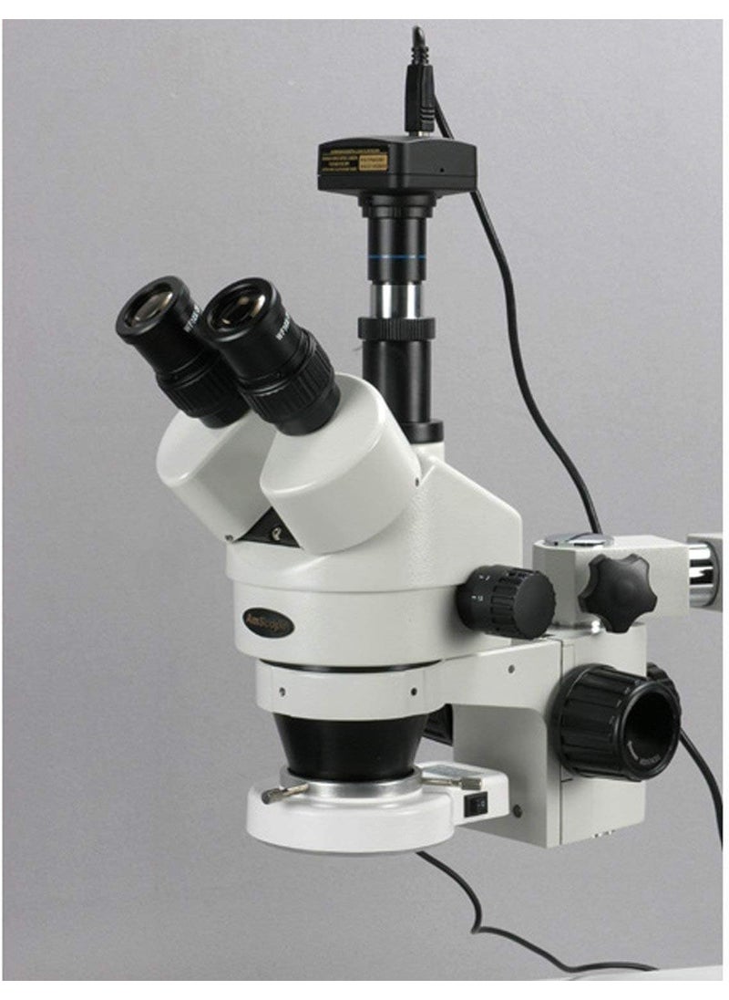 AmScope AmScope SM3TZ54S5M Digital Professional Trinocular Stereo Zoom Microscope WH10x Eyepieces 35X90X Magnification 07X45X Zoom Objective 54Bulb LED Light SingleArm Boom Stand 110V240V Includes 05X and 20X Barlow Lenses and 5MP Camera with Reduction Lens and Software  - Image 3