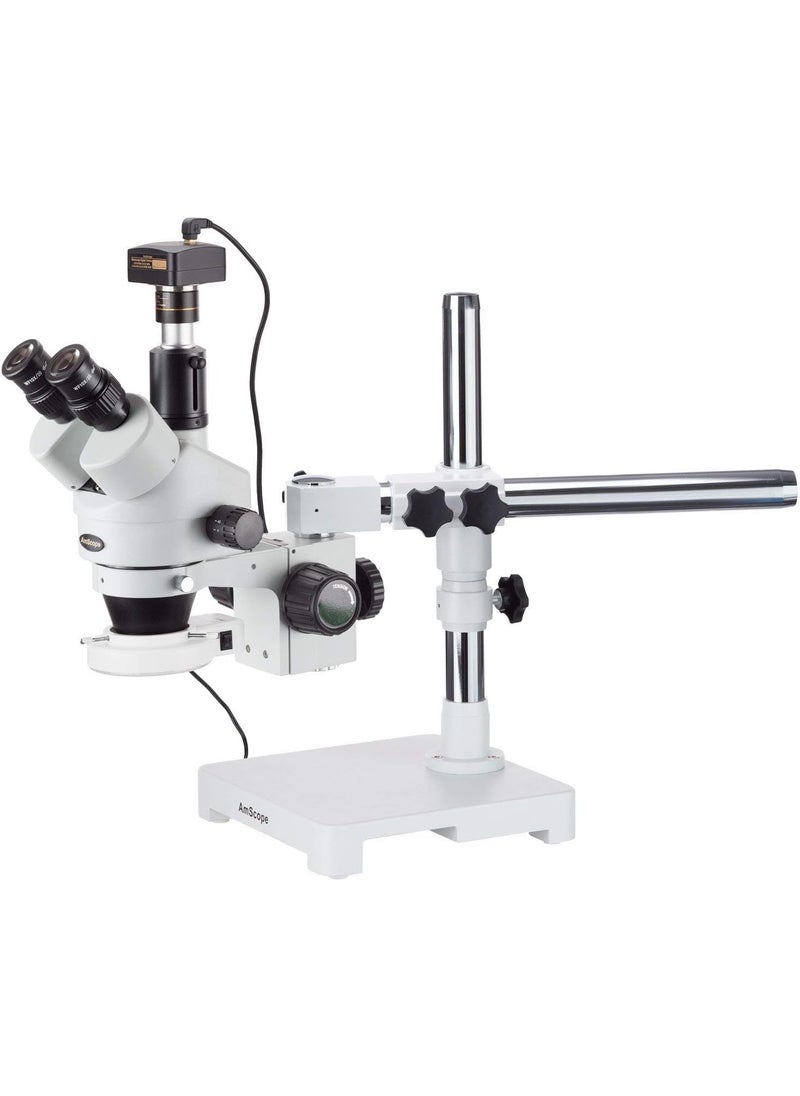 AmScope AmScope SM3TZ54S5M Digital Professional Trinocular Stereo Zoom Microscope WH10x Eyepieces 35X90X Magnification 07X45X Zoom Objective 54Bulb LED Light SingleArm Boom Stand 110V240V Includes 05X and 20X Barlow Lenses and 5MP Camera with Reduction Lens and Software  - Image 1