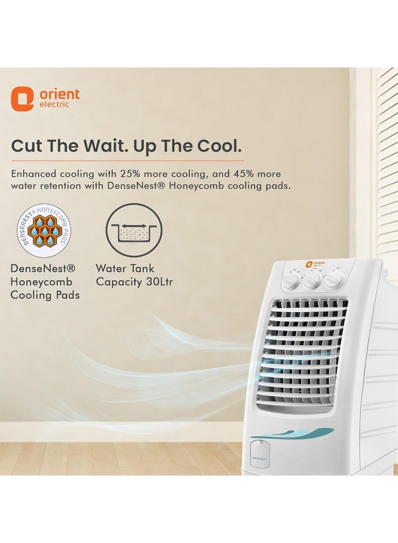 Orient Electric Supercool 30 L Personal Air Cooler home | Dense nest Honeycomb Pads with Dust Filter | Powerful Air Delivery | Portable Air Cooler for Room | Inverter compatible | White