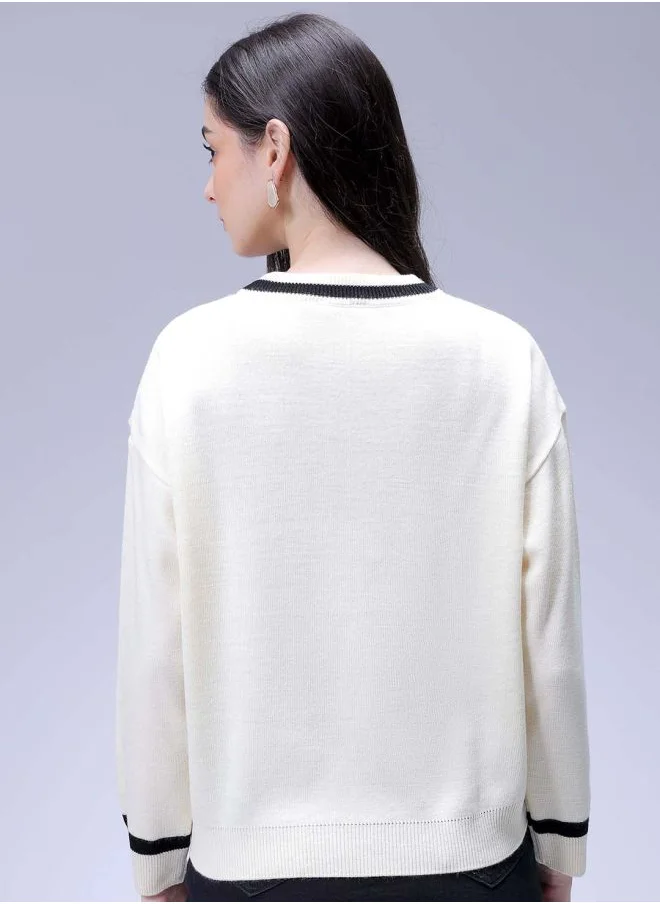 مرفوعة Women Relaxed White Solid V-Neck Long Sleeve Sweater