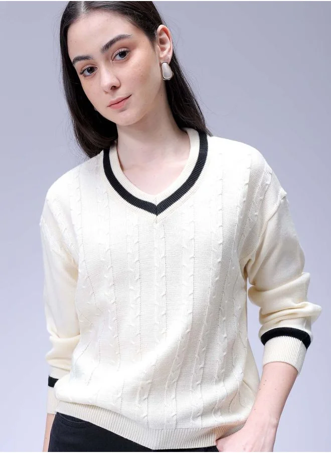 مرفوعة Women Relaxed White Solid V-Neck Long Sleeve Sweater