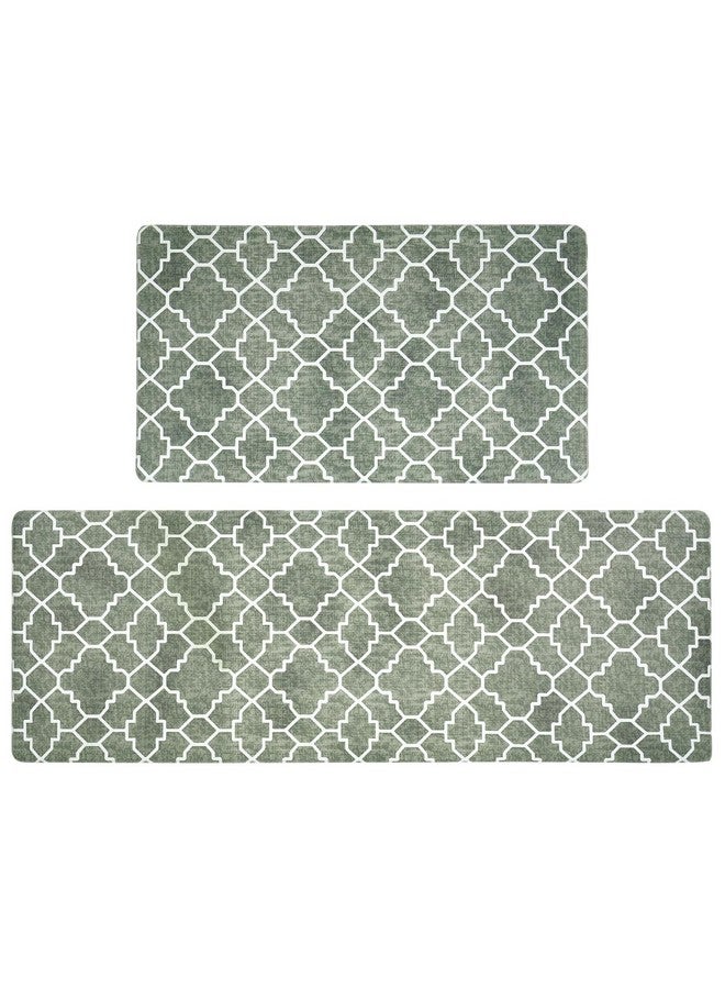 FRESHMINT Kitchen Mat Set of 2, Anti-Fatigue Cushioned Kitchen Mats for Floor, Waterproof Non Slip Comfort Standing Mat, Boho Kitchen Rug for Kitchen Decor, Sink, Office, 17"x30"+17"x47", Sage Green - Image 1