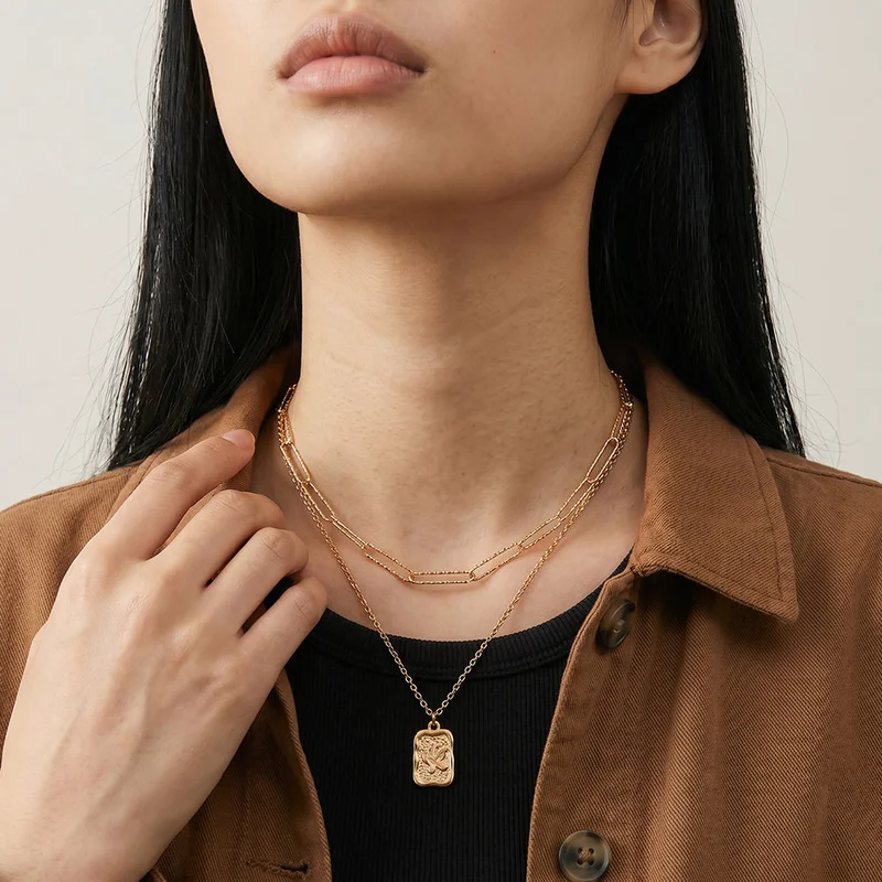 Palmonas  18K Gold Tone Plated Pendant Link Chain Layered Necklace For Women - Waterproof & Anti-Tarnish for Women | Best Price UAE