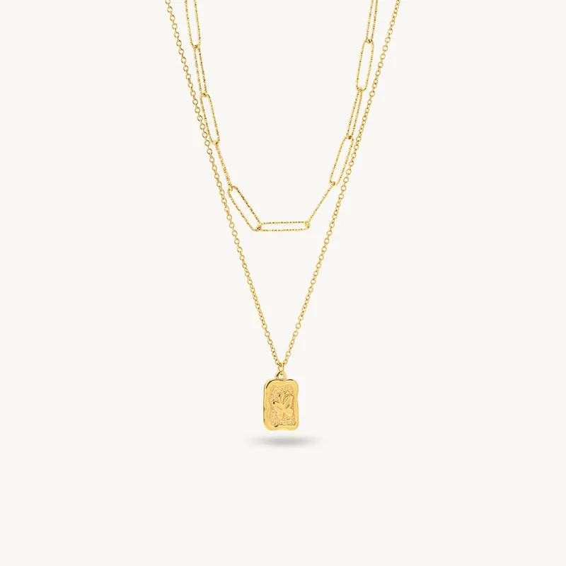 18K Gold Tone Plated Pendant Link Chain Layered Necklace For Women - Waterproof & Anti-Tarnish