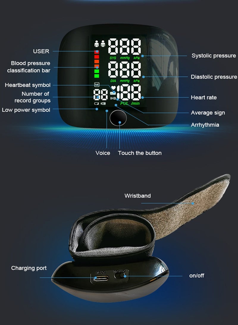 Smart Touchscreen Integrated Digital Blood Pressure Monitor With Automatic LCD Display & Voice Broadcast, Includes Rechargeable Battery, Wrist Cuff, Heart Rate & Pulse Monitor - Image 5