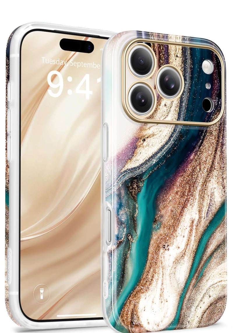 GVIEWIN for iPhone 17 Pro Case Compatible with MagSafe, [Full Camera Protection][Military-Grade Protection] Shockproof Protective Slim Magnetic Marble Phone Case for 17 Pro 6.3", Drift Sand/Gold - Image 1