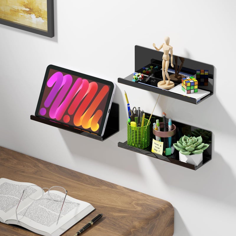 PAVSTINE Acrylic Floating Shelves for Wall No Drilling, Self Adhesive Space-Saving Shelves, 12 Inch Floating Shelf Stick on Wall Shelf, for Bathroom, Kitchen, Bedroom, Office, Gaming Room, Black - Image 4