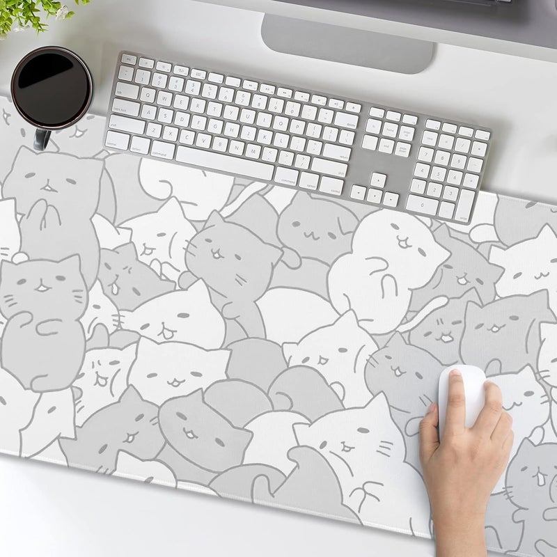 aportt Kawaii Cats White Gaming Mouse Pad XXL Cute Kittens Japanese Extended Big Large Desk Mat Non-Slip Rubber Base Stitched Edge Long Keyboard Mousepad for PC Computer Laptop,35.4×15.7 Inches - Image 5