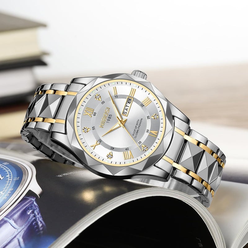 NIBOSI Watch for Men Analog Quartz Men's Watch Business Waterproof Diamond Dial Casual Watch Stainless Steel Strap Day-Date - Image 5