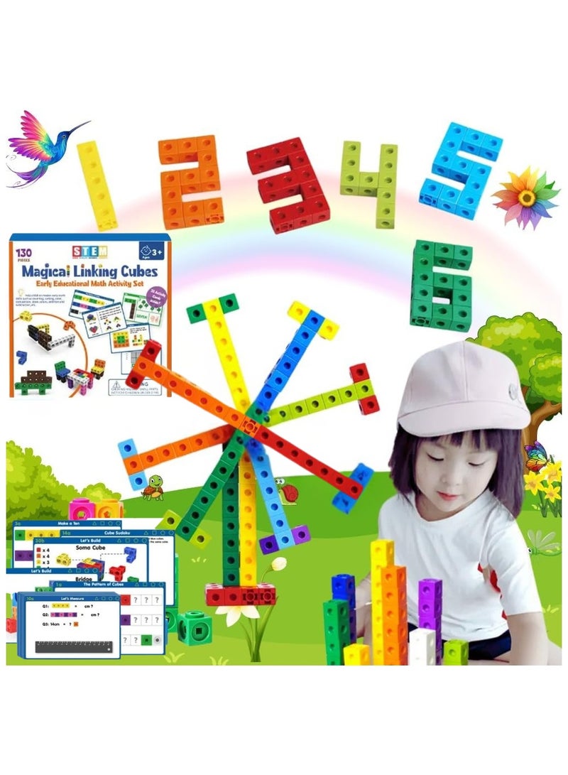 TEGRILO Math Link Cubes and Activity Card-Based Math Cube Manipulatives Connecting Cube Math Counters for Learning Activities in Kindergarten (130pcs Cubes and Cards) - Image 1
