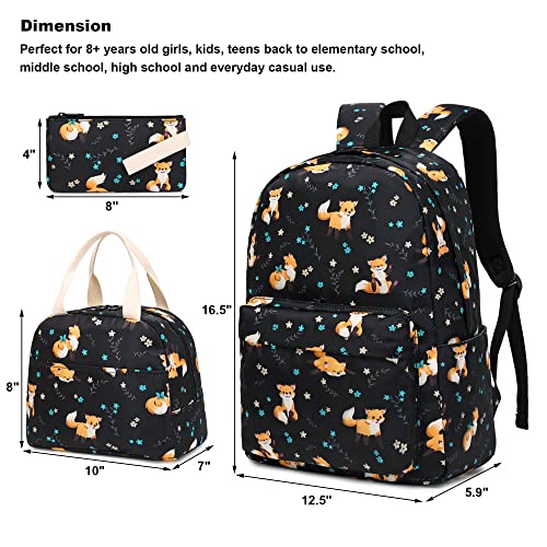 Kouxunt Fox Girls School Backpacks for Kids Teens 3in1 School Bag Bookbags Set with Lunch Bag Pencil Case - Image 3