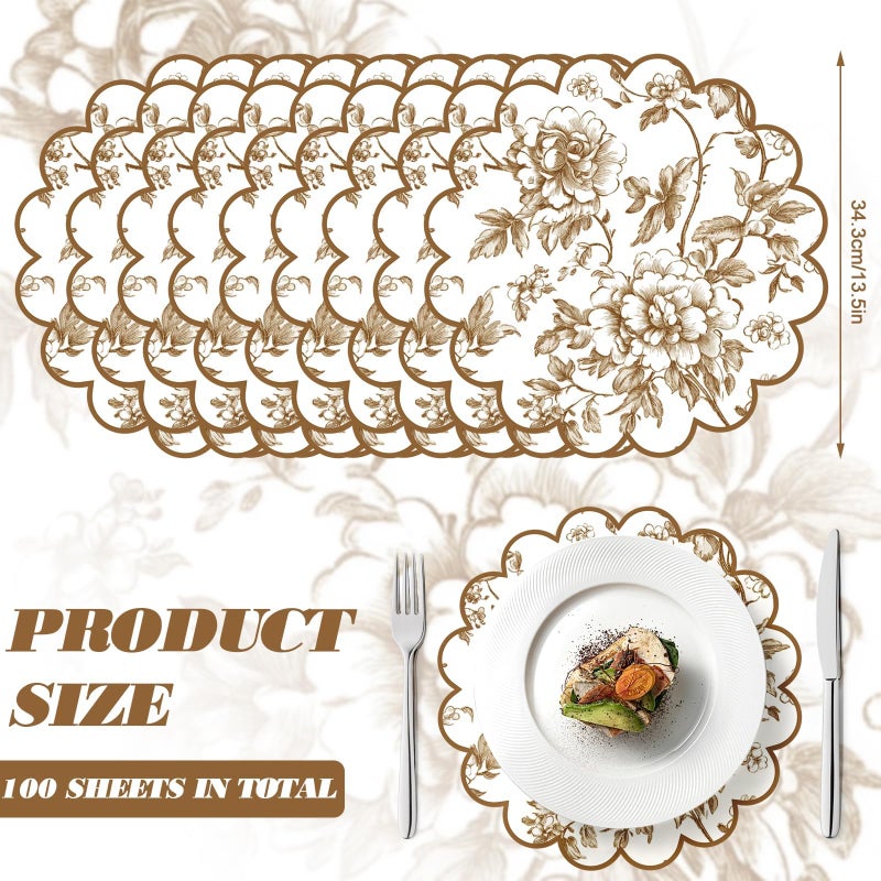 Stuffygreenus 100 Pcs Brown Floral Paper Placemats with Scalloped Edges 15 Inch Chinoiserie Paper Table Mats Vintage Floral Place Mats for Dining Parties Weddings Holidays Table Decorations - Image 2