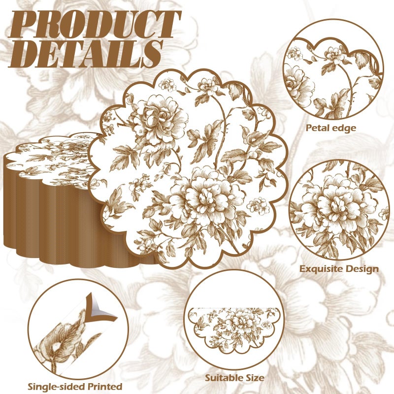 Stuffygreenus 100 Pcs Brown Floral Paper Placemats with Scalloped Edges 15 Inch Chinoiserie Paper Table Mats Vintage Floral Place Mats for Dining Parties Weddings Holidays Table Decorations - Image 3